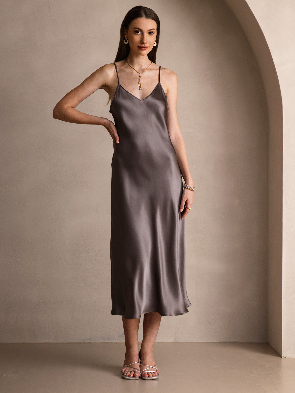 Rosstef 100% Mulberry Silk Spaghetti Strap V Neck Midi Dress