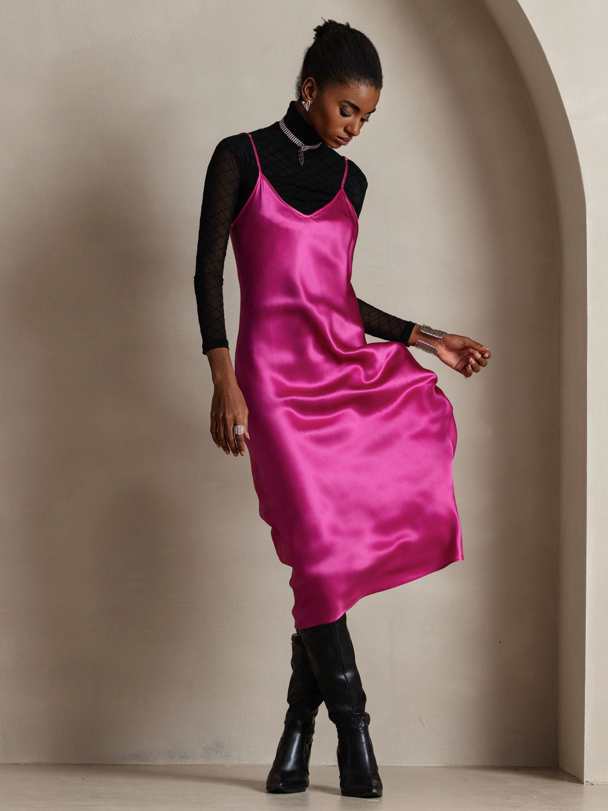 Rosstef 100% Mulberry Silk Spaghetti Strap V Neck Midi Dress
