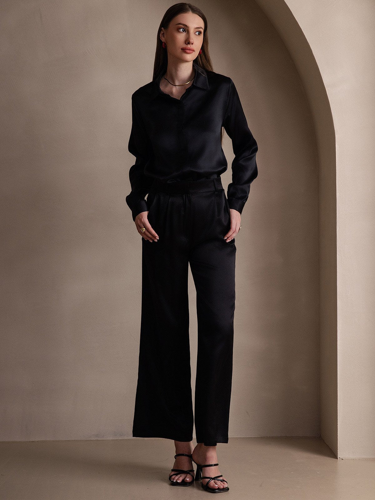 Rosstef 19Momme Silk Long Sleeve Lapel Collar Kadın Bluzu