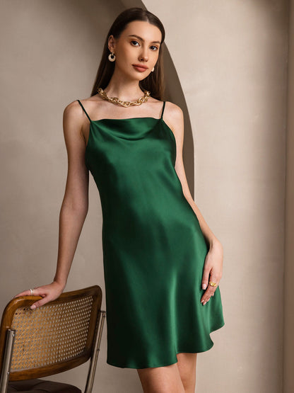 Rosstef 100% Mulberry Silk Spaghetti Strap Cowl Neck Short Dress