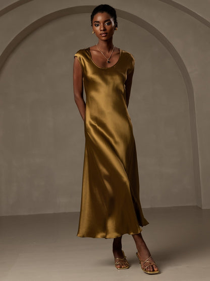 Rosstef 19Momme Silk Cap Sleeve Round Neck Midi Dress