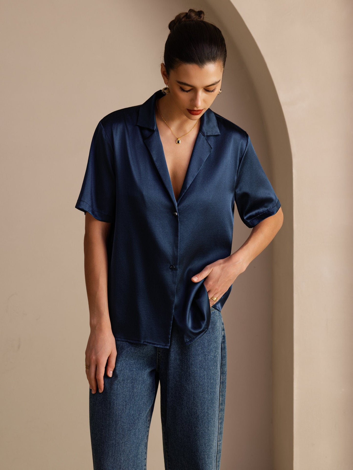 Rosstef 19Momme Silk Short Sleeve Notched Lapel Kadın Elbisesi
