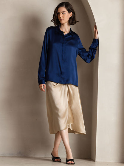 Rosstef 19Momme Silk Long Sleeve Lapel Collar Kadın Bluzu