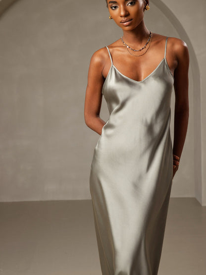 Rosstef 100% Mulberry Silk Spaghetti Strap V Neck Midi Dress