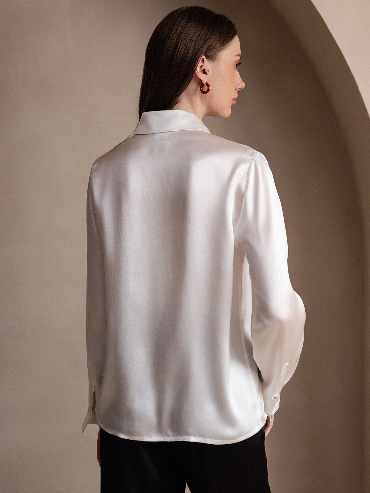 Rosstef 19Momme Silk Long Sleeve Lapel Collar Kadın Bluzu