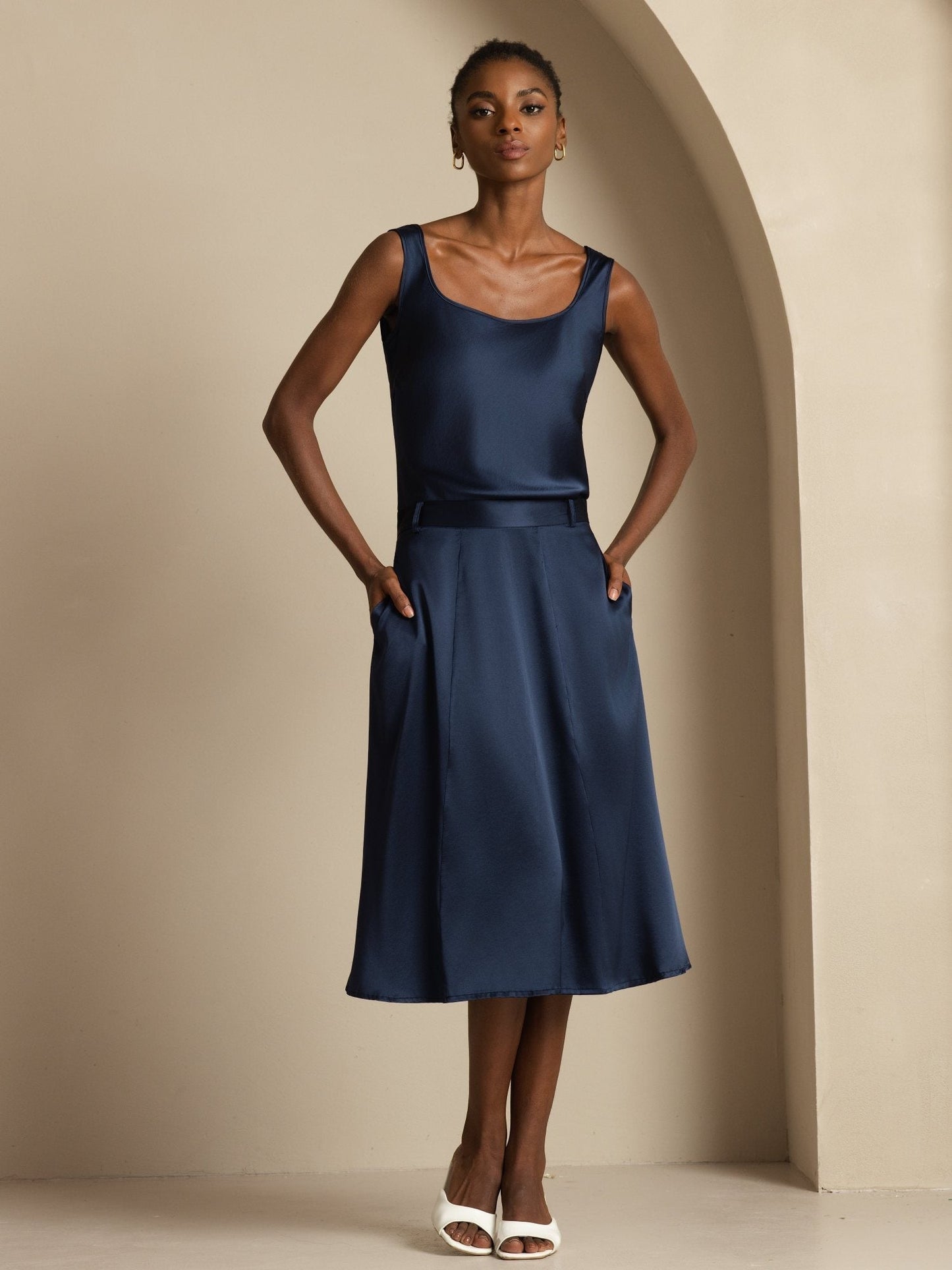 Rosstef Silk A-Line Midi Skirt with Pockets