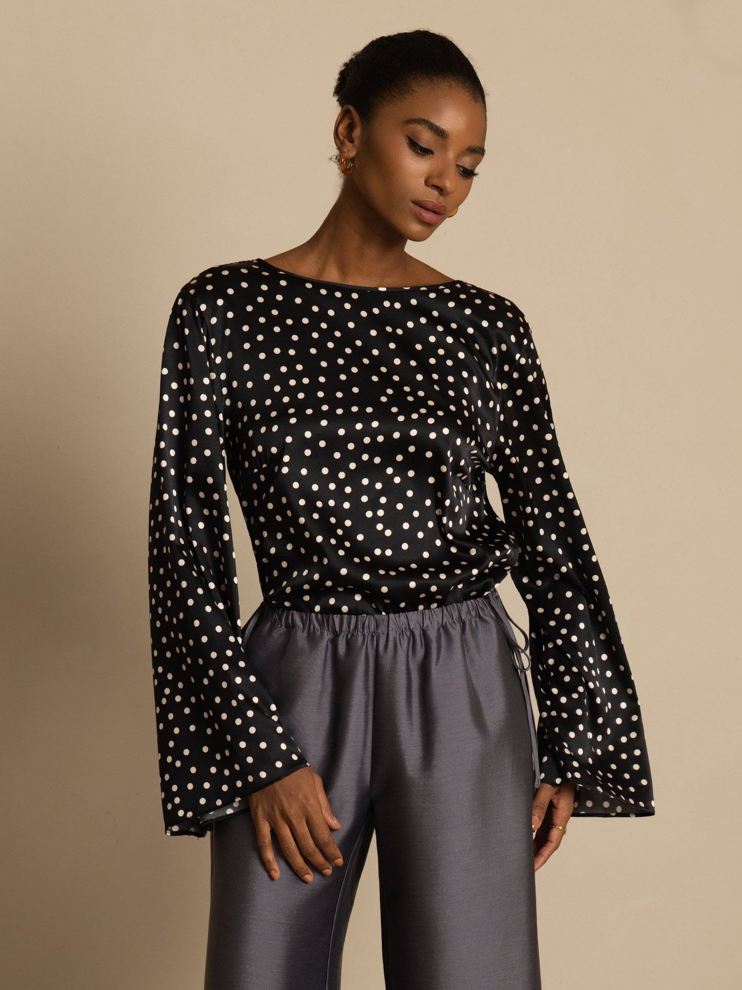 Rosstef Kadınlar için Polka Dot Print Bell Sleeve Boat Neck Üst