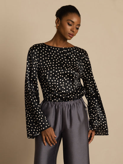Rosstef Kadınlar için Polka Dot Print Bell Sleeve Boat Neck Üst