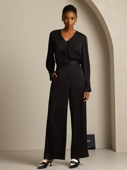 Rosstef 19Momme Stretch Silk V Neck Long Sleeve Blouse