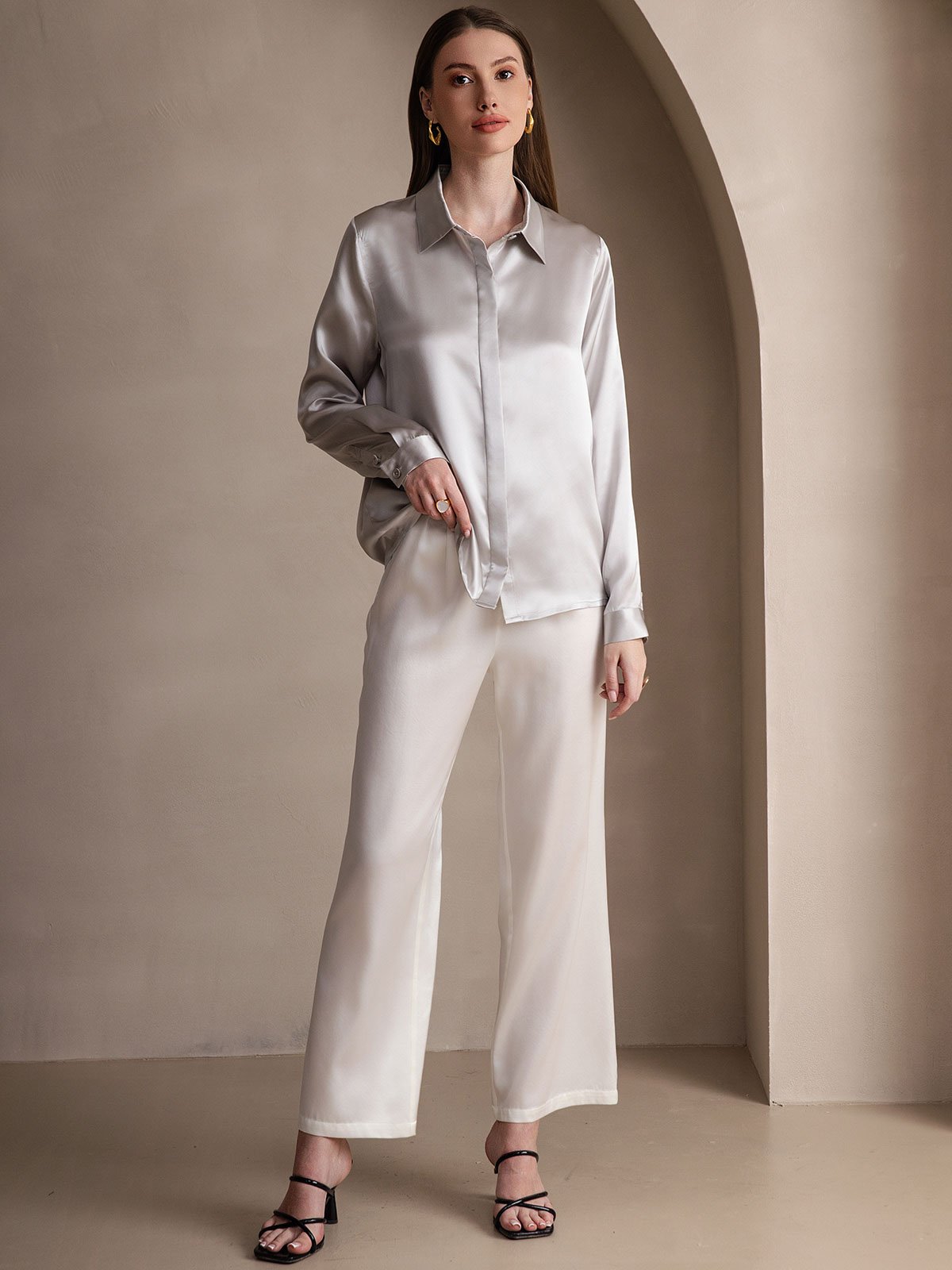 Rosstef 19Momme Silk Long Sleeve Lapel Collar Kadın Bluzu