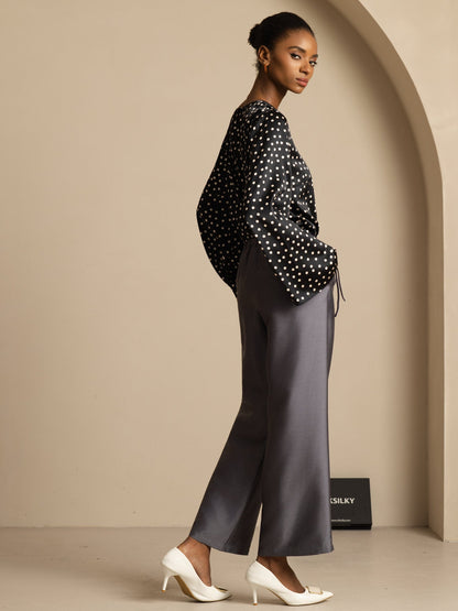 Rosstef Kadınlar için Polka Dot Print Bell Sleeve Boat Neck Üst