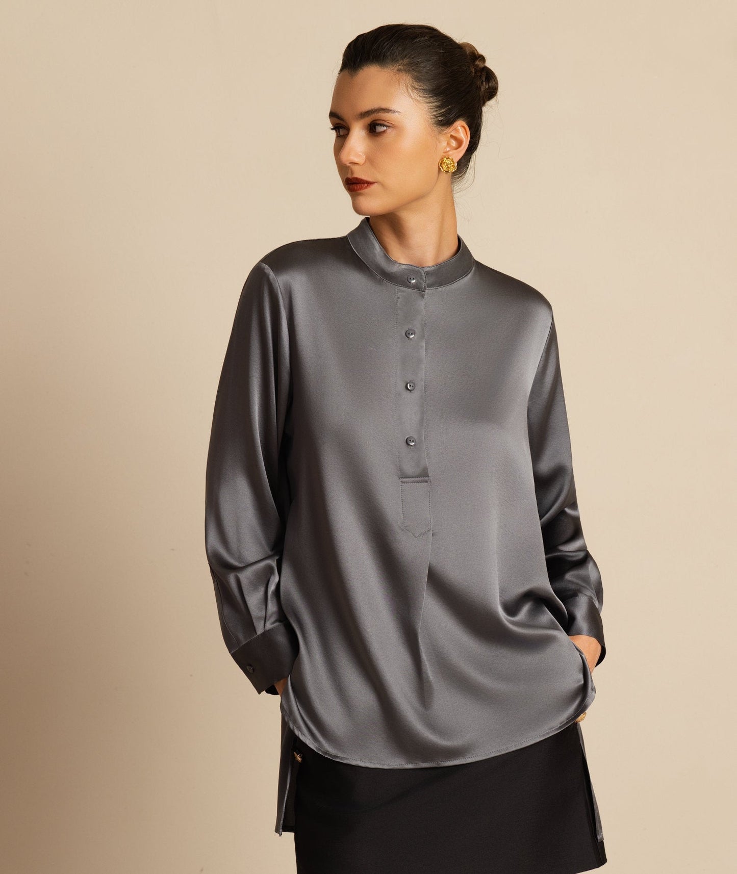 Rosstef 19Momme Silk Flex Stand Collar High-Low Bluse