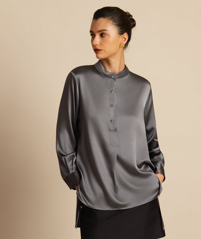 Rosstef 19Momme Silk Flex Stand Collar High-Low Bluse