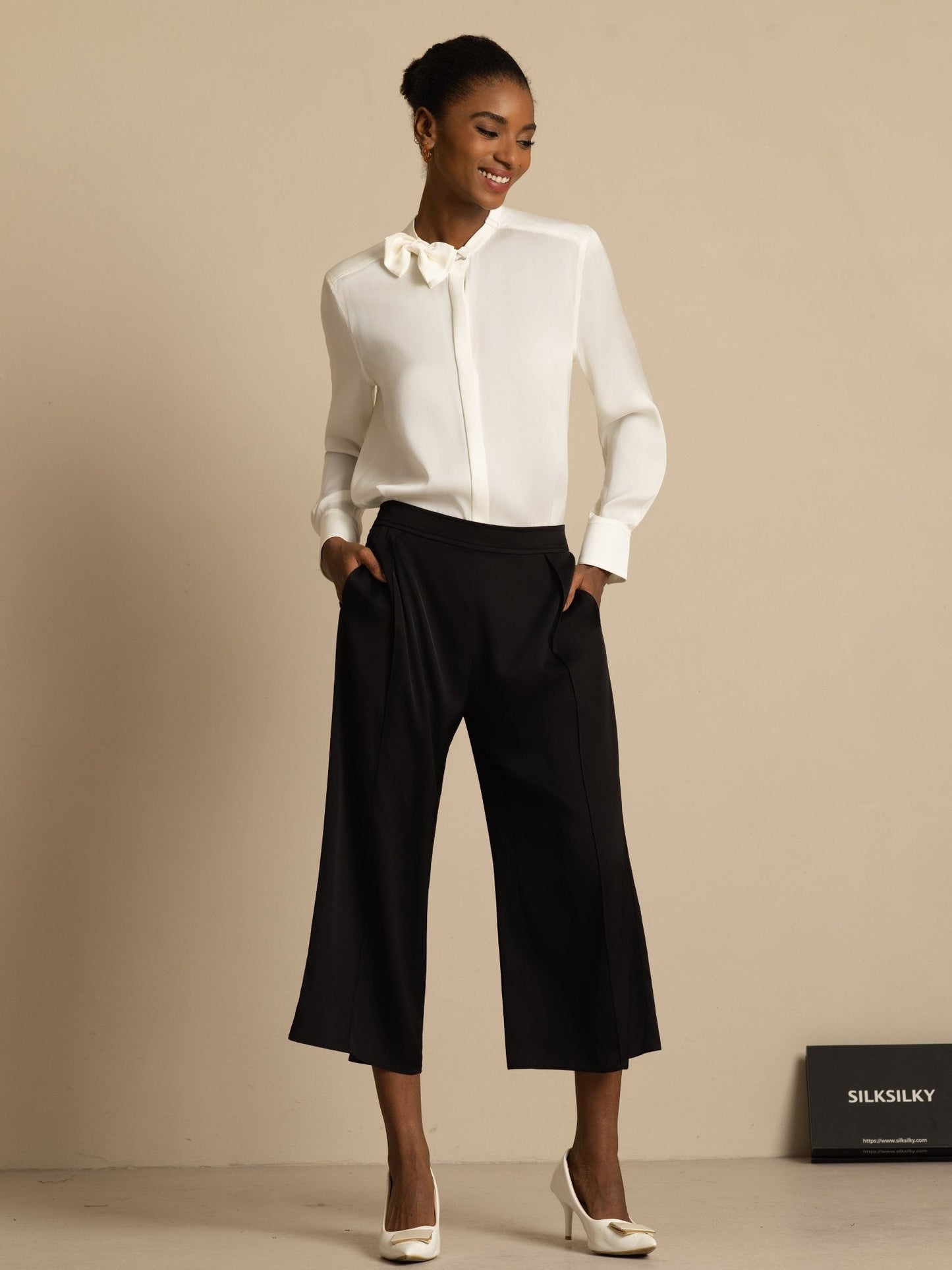 Rosstef 19Momme Stretch Silk Kadın Uzun Kollu Bow Bluzu