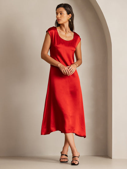 Rosstef 19Momme Silk Cap Sleeve Round Neck Midi Dress
