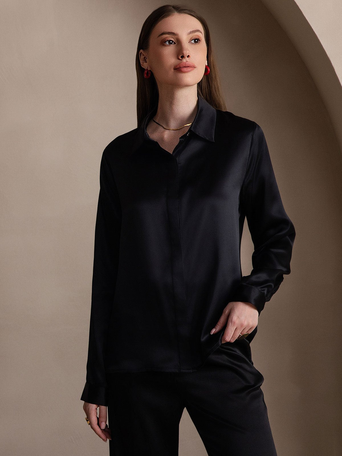 Rosstef 19Momme Silk Long Sleeve Lapel Collar Kadın Bluzu