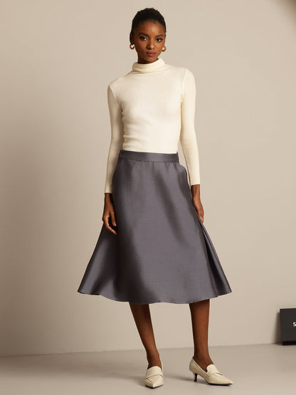 Rosstef 32Momme Silk-Wool Blend A Line Midi Skirt with Zipper Design