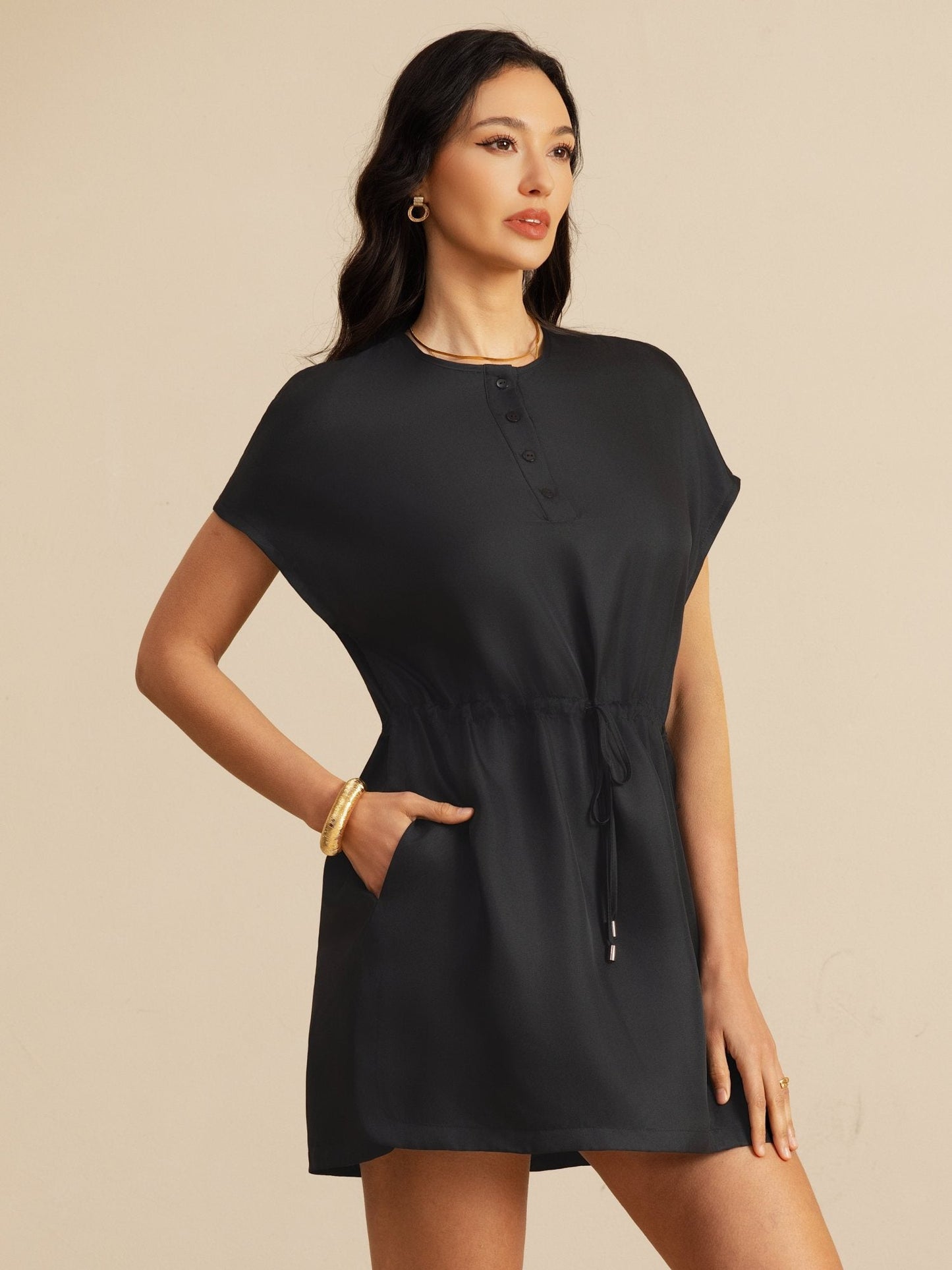 Rosstef Pure Silk Henley Neck Cap Sleeve Short Dress