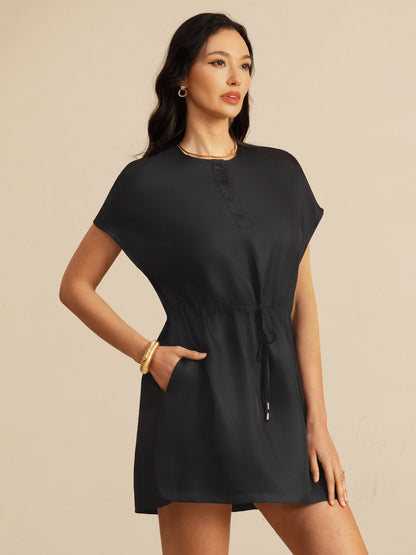 Rosstef Pure Silk Henley Neck Cap Sleeve Short Dress