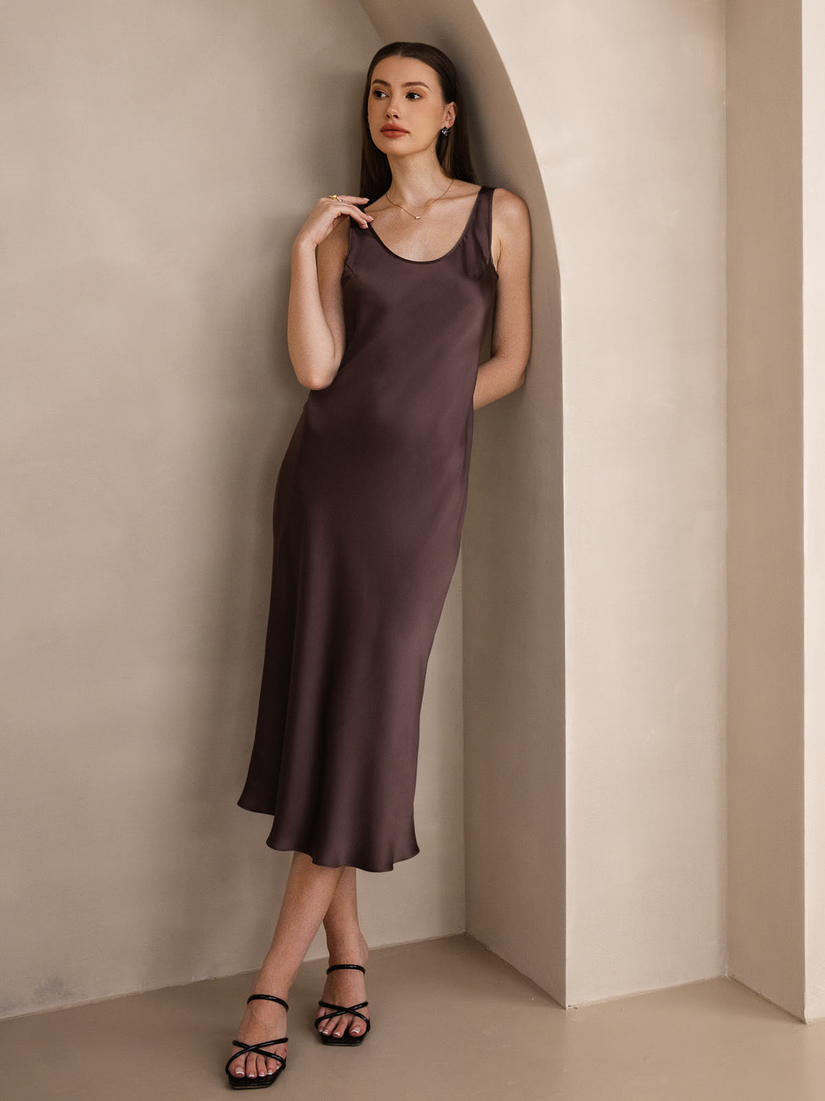 Rosstef 100% Mulberry Silk U Neck Midi Long Dress
