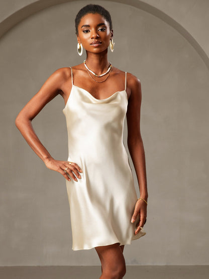 Rosstef 100% Mulberry Silk Cowl Neck Short Dress