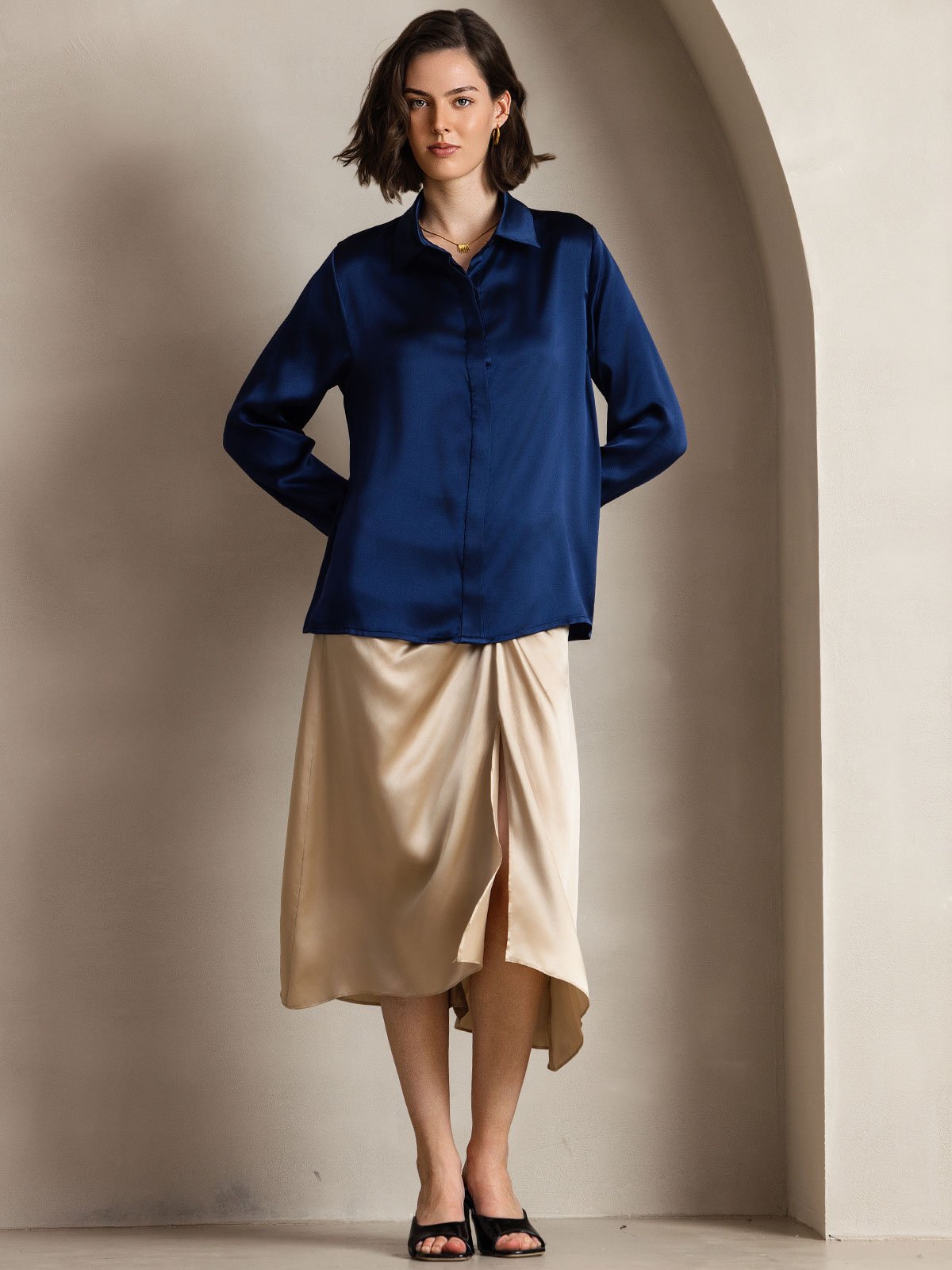Rosstef 19Momme Silk Long Sleeve Lapel Collar Kadın Bluzu