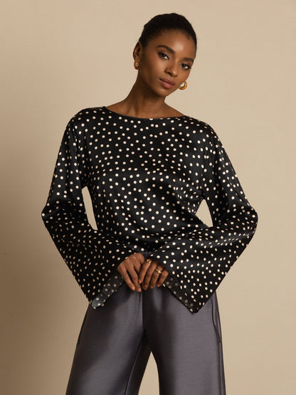 Rosstef Kadınlar için Polka Dot Print Bell Sleeve Boat Neck Üst