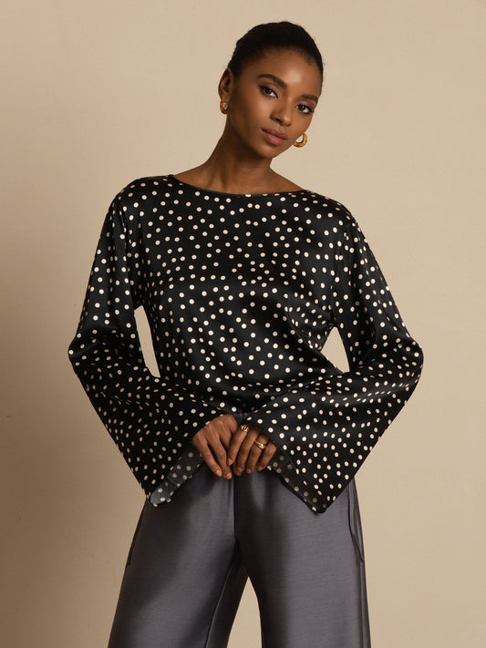 Rosstef Kadınlar için Polka Dot Print Bell Sleeve Boat Neck Üst