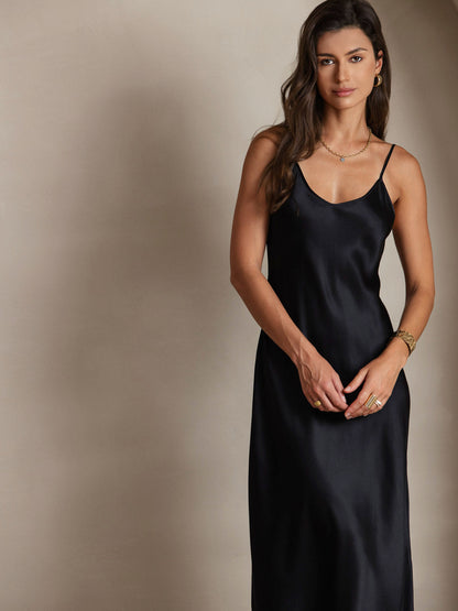 Rosstef 100% Mulberry Silk Spaghetti Strap V Neck Midi Dress