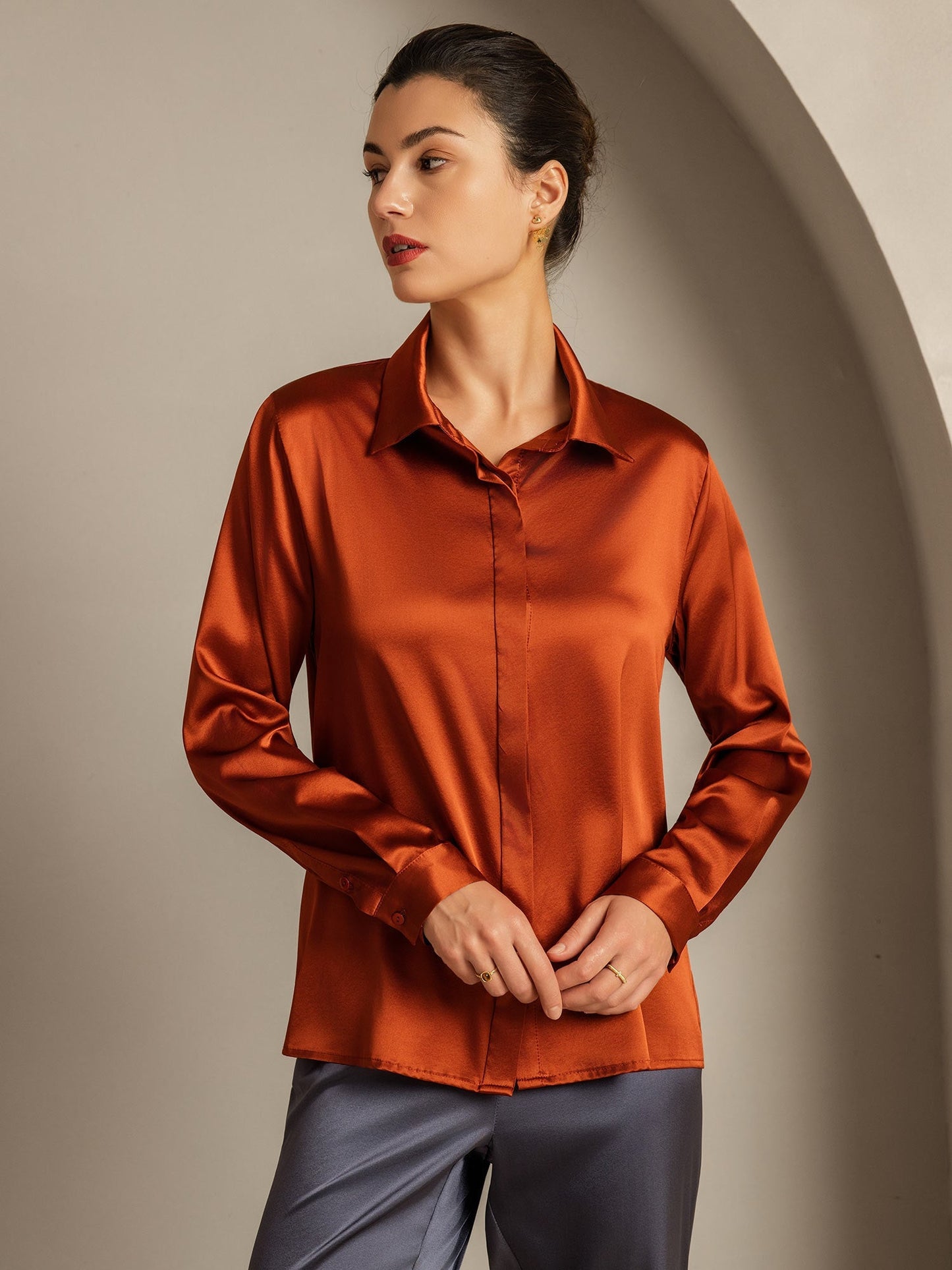 Rosstef 19 Momme Silk Long Sleeve Lapel Collar Kadın Şortu