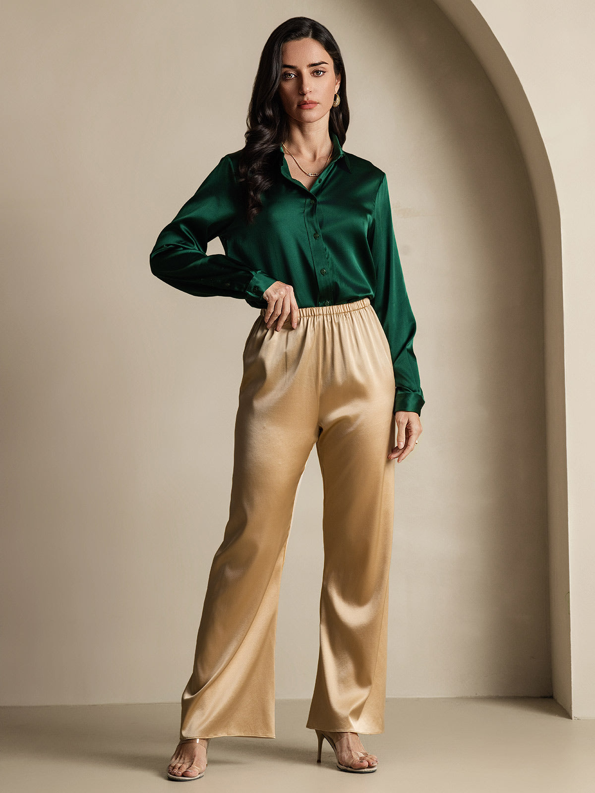 Rosstef 19Momme Silk Long Sleeve Lapel Collar Women's Shirt