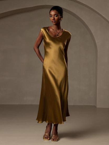 Rosstef 19Momme Silk Cap Sleeve Round Neck Midi Dress