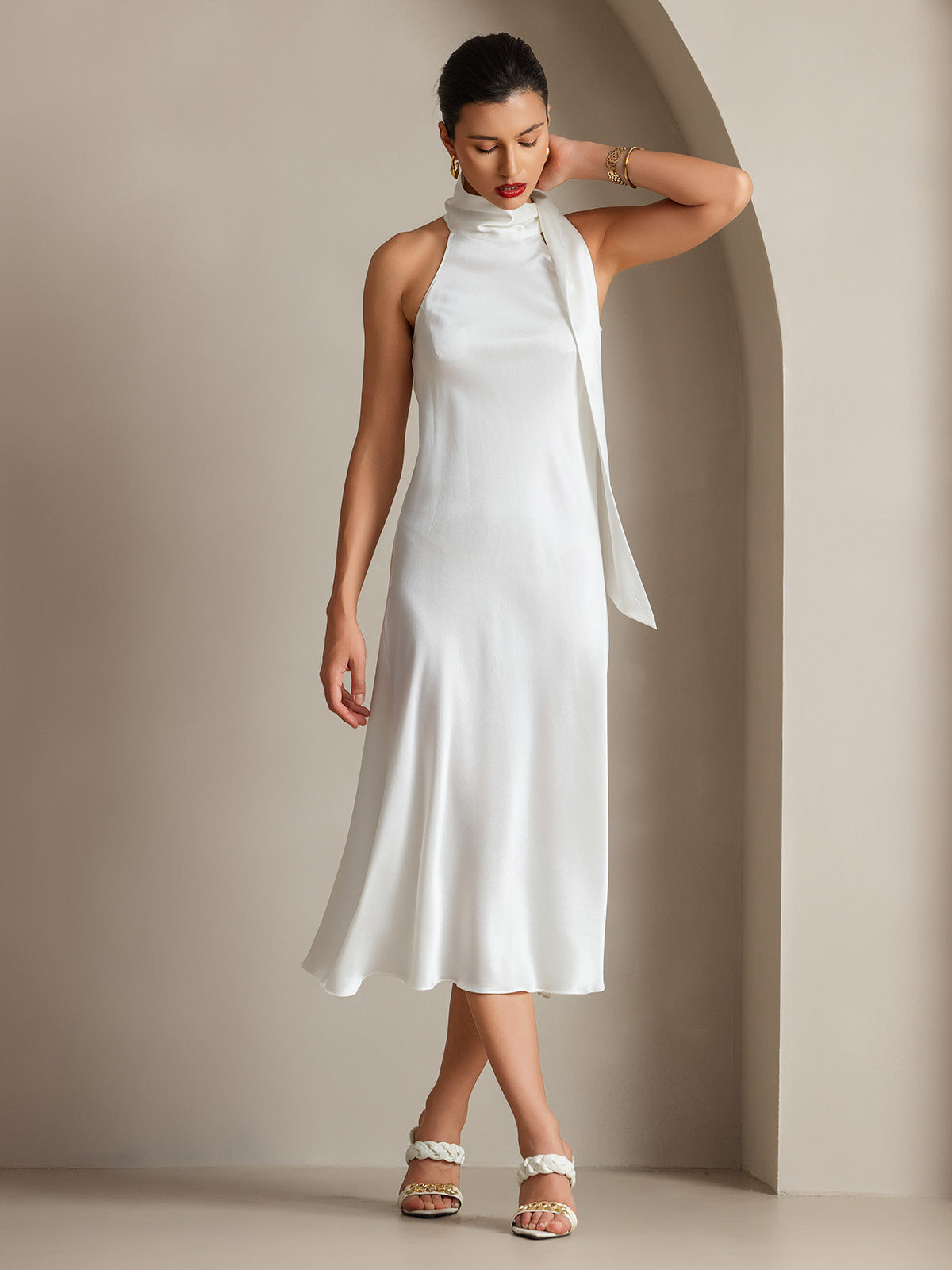 Rosstef 19Momme Silk Sleeveless Tie Neck Midi Dress