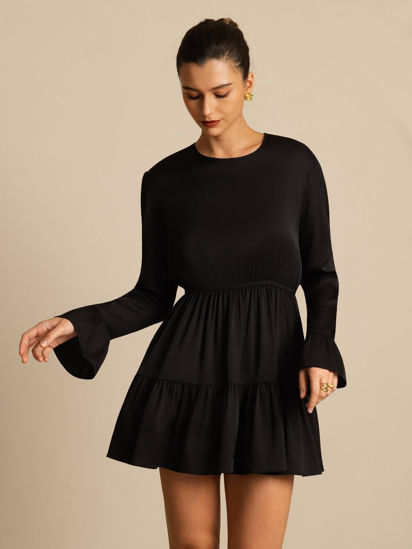 Rosstef 19Momme Stretch Silk Ruffle Sleeves Short Dress