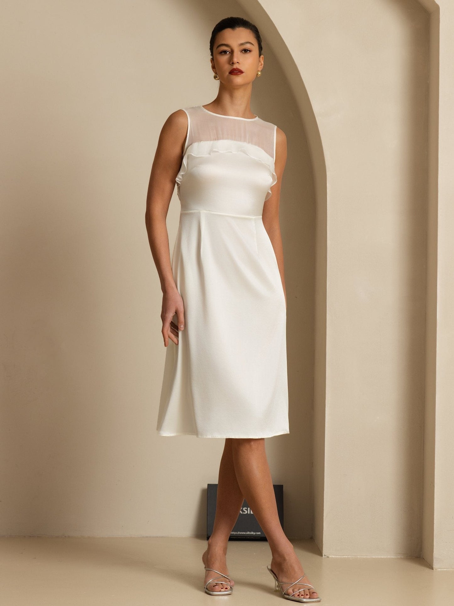 Rosstef 19Momme Pure Silk Illusion Neck Sleeveless Knee Length Giyin