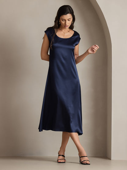 Rosstef 19Momme Silk Cap Sleeve Round Neck Midi Dress