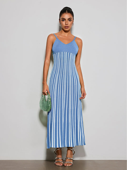 Esmery Spaghetti Stripe Knitted Dress In Blue