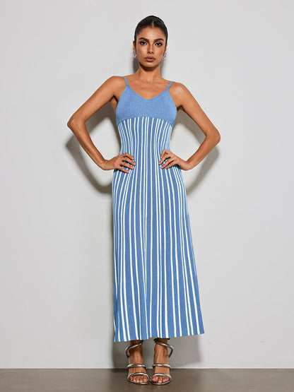 Esmery Spaghetti Stripe Knitted Dress In Blue