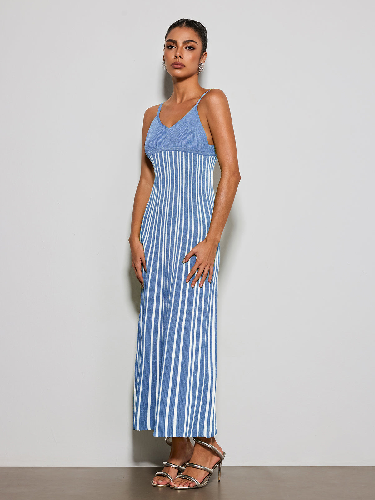 Esmery Spaghetti Stripe Knitted Dress In Blue