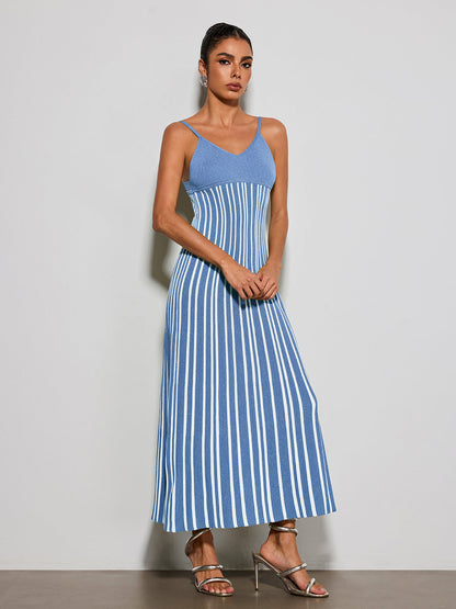Esmery Spaghetti Stripe Knitted Dress In Blue