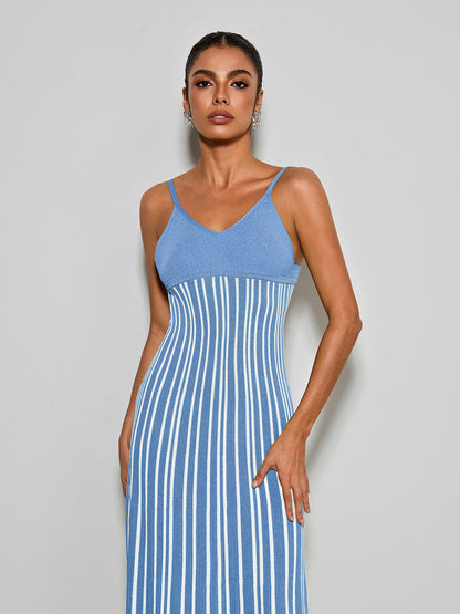 Esmery Spaghetti Stripe Knitted Dress In Blue