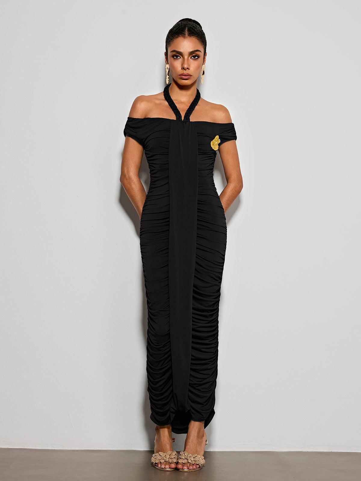 Erizelda Halterneck Ruched Maxi Dress In Black