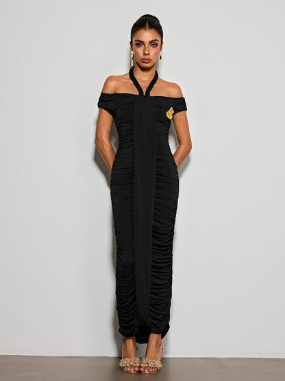 Erizelda Halterneck Ruched Maxi Dress In Black