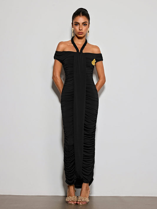 Erizelda Halterneck Ruched Maxi Dress In Black