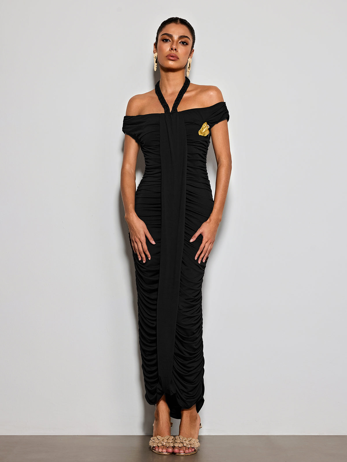 Erizelda Halterneck Ruched Maxi Dress In Black