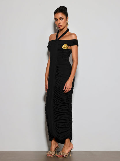 Erizelda Halterneck Ruched Maxi Dress In Black