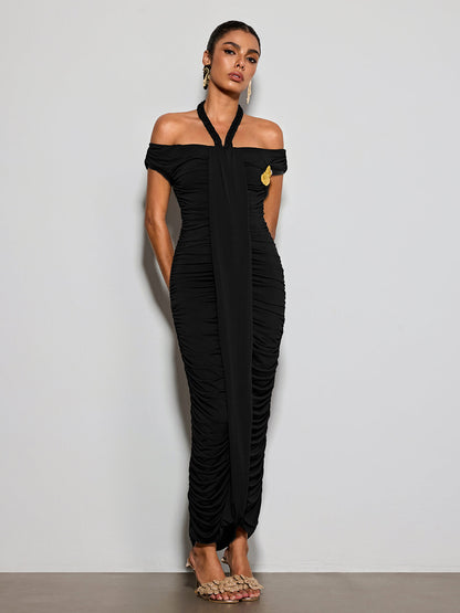 Erizelda Halterneck Ruched Maxi Dress In Black