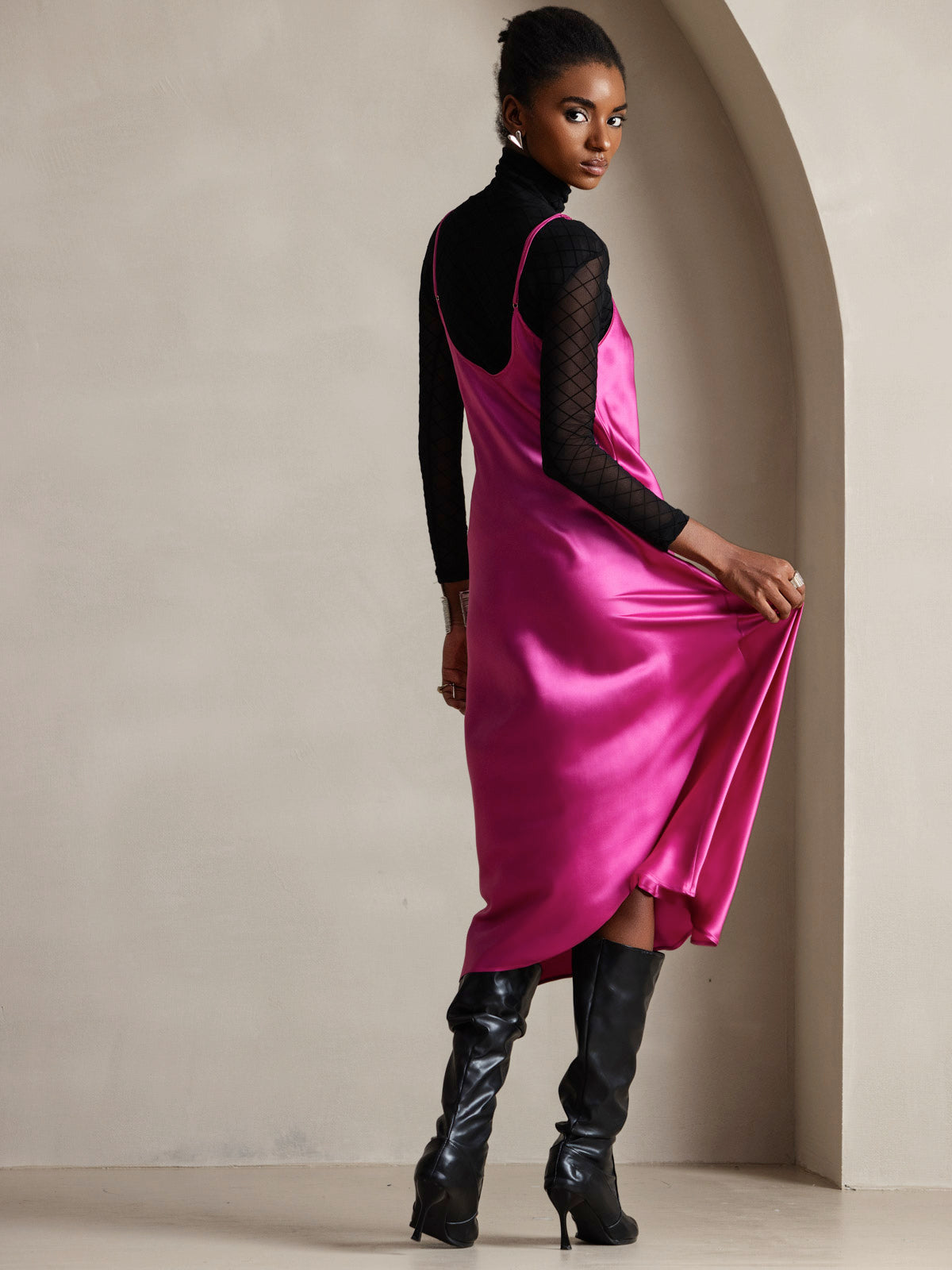 Rosstef 100% Mulberry Silk Spaghetti Strap V Neck Midi Dress