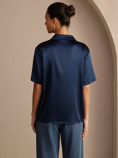Rosstef 19Momme Silk Short Sleeve Notched Lapel Kadın Elbisesi
