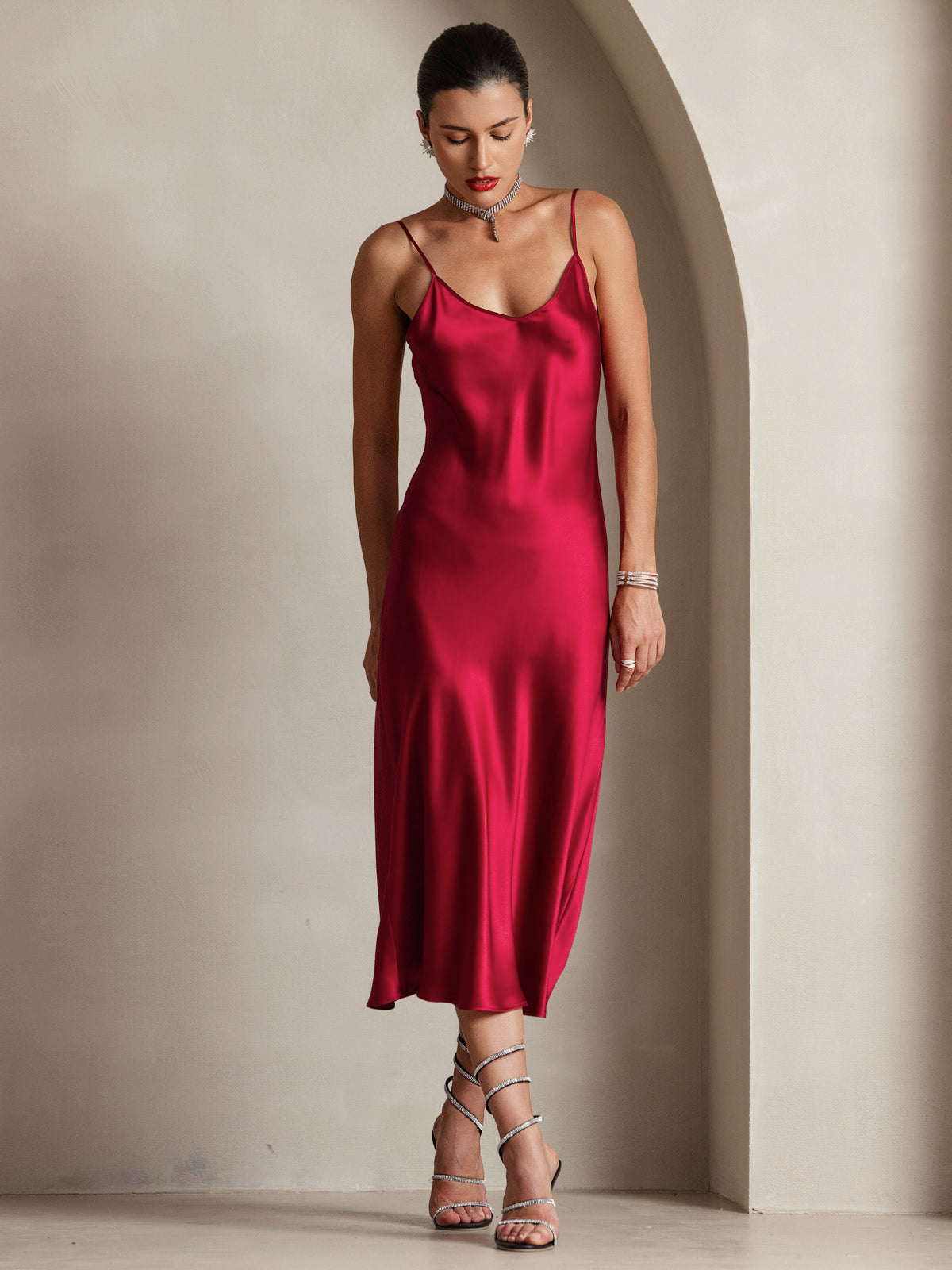 Rosstef 100% Mulberry Silk Spaghetti Strap Midi Long Dress